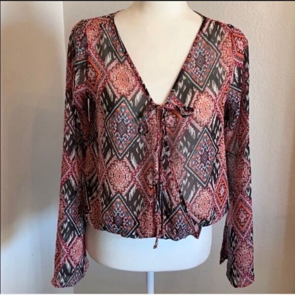 Boho Bell Sleeve Sheer Top S Tribal Crop A43 - Picture 1 of 7